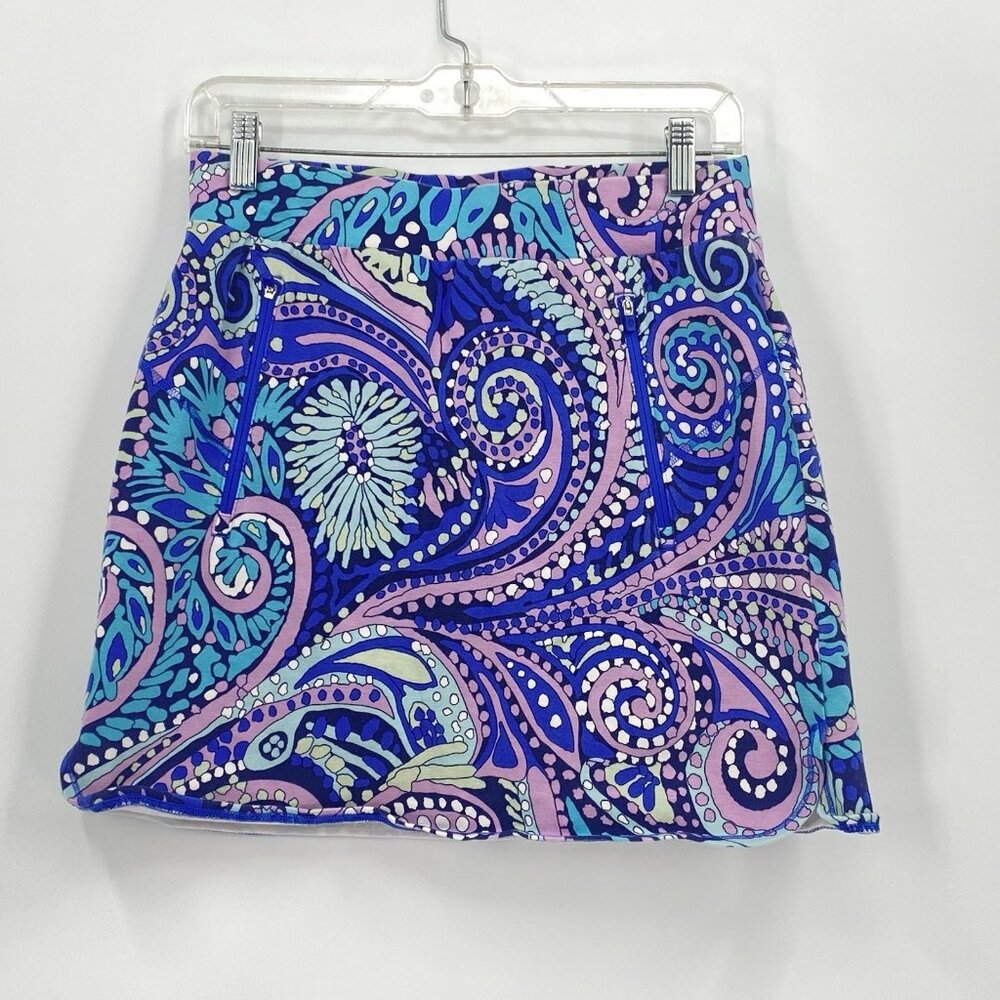 T by Talbots Skort Blue Purple Paisley Bandana Print Zip Pockets Stretch Size S